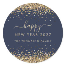 ゴールドラメ 名前入り ネイビーブルー 謹賀新年 2026