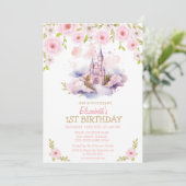ゴールドラメ 水彩画のお城 花 誕生日 招待状 (スタンド正面)