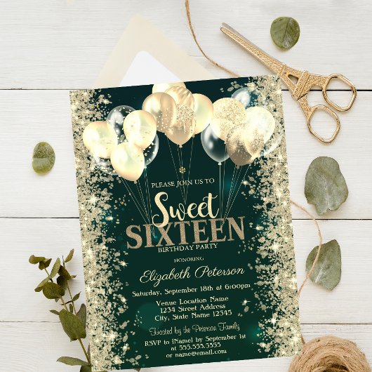 ゴールドラメ 紙吹雪 風船 グリーン Sweet 16 招待状