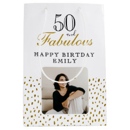 ゴールドラメ 50歳の誕生日おめでとう フォト 50歳 ミディアムペーパーバッグ