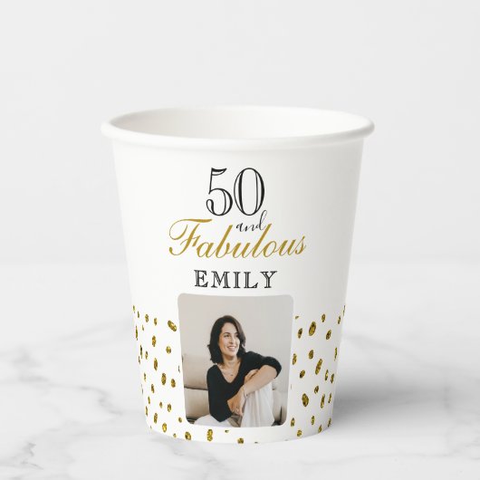 ゴールドラメ 50歳の誕生日お祝いフォト 紙コップ (正面)