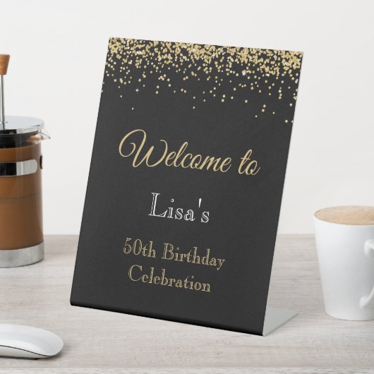 ゴールドラメ 50歳の誕生日 ブラック ウェルカム 台座サイン (インサイチュ)