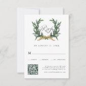 ゴールドリボンとグリーンパインリースの結婚式QRコード 出欠カード (正面)
