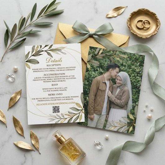 ゴールドリーフのエレガンスイスラム結婚式 エンクロージャーカード
