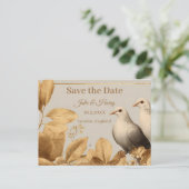 ゴールドリーフの優雅な鳩のカップル Save the Date ポストカード (スタンド正面)