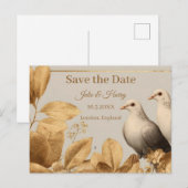 ゴールドリーフの優雅な鳩のカップル Save the Date ポストカード (正面/裏面)
