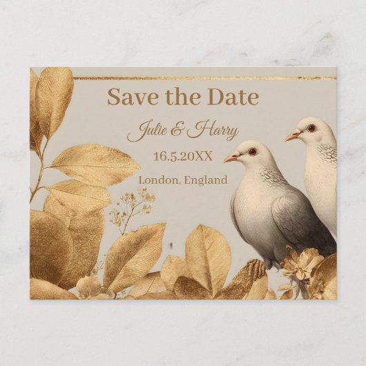 ゴールドリーフの優雅な鳩のカップル Save the Date ポストカード (正面)