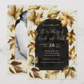 ゴールドリーフ アーモンドベージュ クリーム ブラック 秋のウェディング 招待状 (正面/裏面)