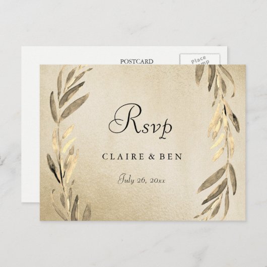 ゴールドリーフ ゴールドホイル 結婚式 RSVP ポストカード (正面/裏面)