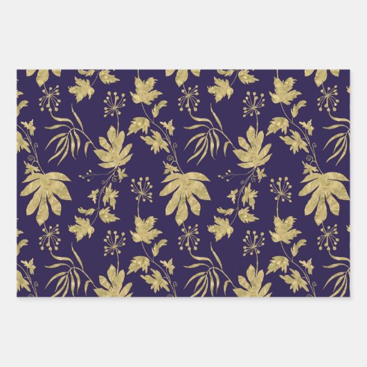 ゴールドリーフ ネイビー ホワイト グリーン 春のブライダルシャワー ラッピングペーパーシート (正面)