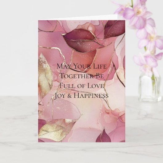 ゴールドリーフ バーガンディ ブラッシュ ピンク ウェディング カード (蘭)