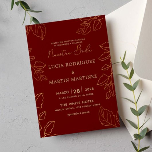 ゴールドリーフ レッド スペイン語 私たちの結婚式 招待状