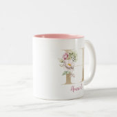 ゴールドレターH、モノグラムH、ピンクの花柄ギフト彼女用 ツートーンマグカップ (正面右)