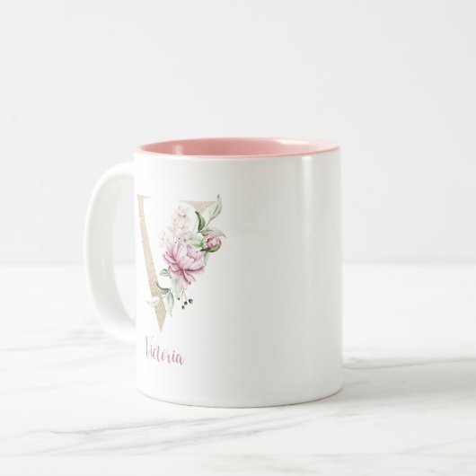 ゴールドレターV、モノグラムv、ピンクの花柄ギフト彼女 ツートーンマグカップ (正面左)