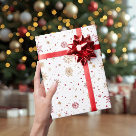 ゴールドレッドスノーフレーククリスマス包装紙 ラッピングペーパー