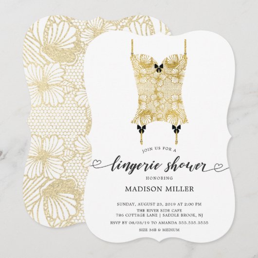 ゴールドレースコルセット ブライダルランジェリー シャワー 招待状 (正面/裏面)