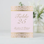 ゴールドレース&ピンクのウェディングテーブルナンバー 招待状 (スタンド正面)