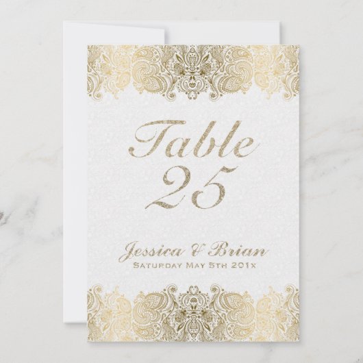 ゴールドレース & ホワイトの結婚式テーブルナンバー 招待状 (裏面)