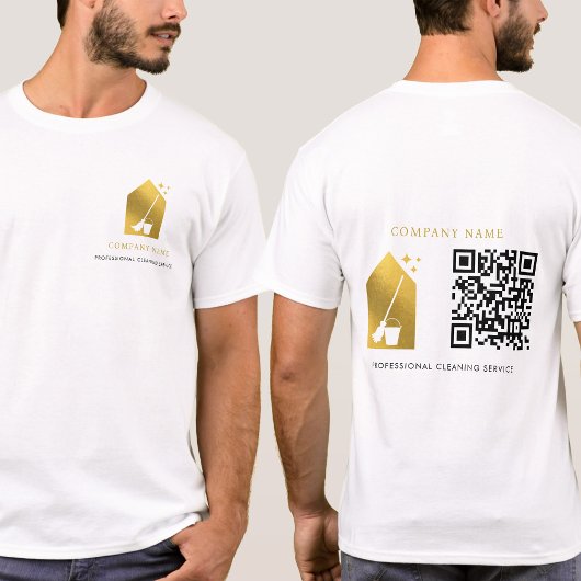 ゴールドロゴQRコードホワイトの清掃サービス Tシャツ