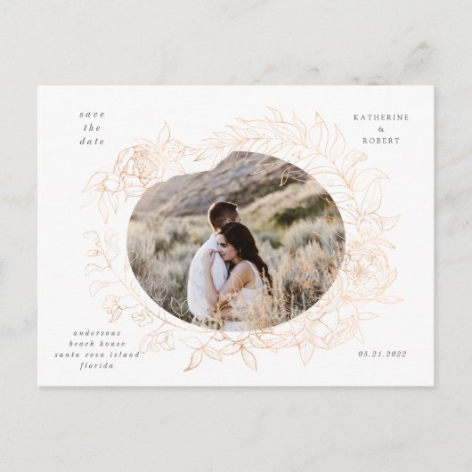 ゴールドロマンチックフラワーの「Save the Date」ポストカード ポストカード (正面)