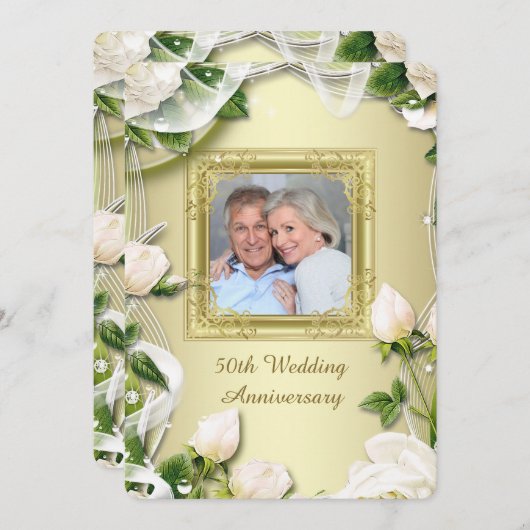 ゴールドローズフォト50周年結婚記念日パーティー 招待状 (正面/裏面)