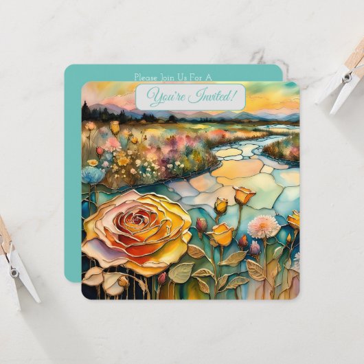 ゴールドローズ川の谷の朝日ブライダル 招待状 (正面/裏面インサイチュ)
