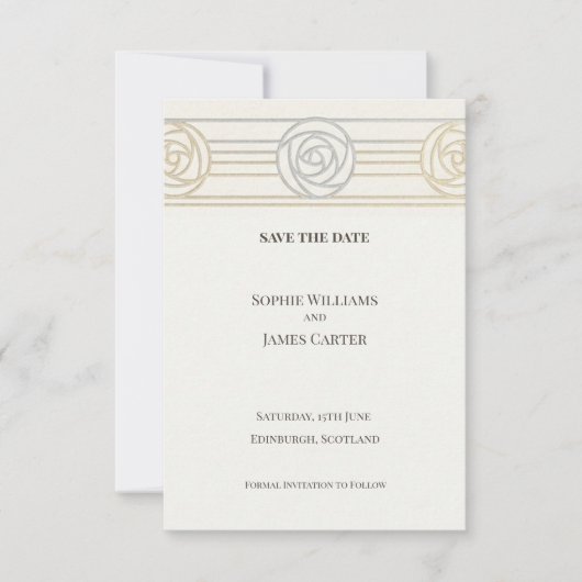ゴールドローズ アールデコ スタイルの結婚式の延期通知 セーブザデート (正面)