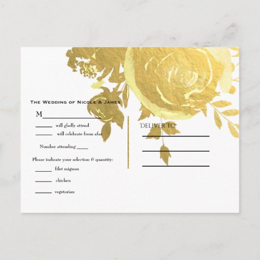 ゴールドローズ 偽の箔 エレガント モダン ウェディング RSVP インビテーションポストカード (裏面)