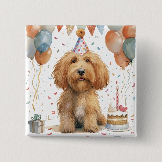 ゴールドンドゥードル犬の誕生日 缶バッジ (正面)