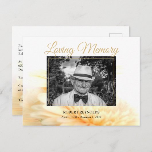 ゴールド写真葬儀追悼式招待状 ポストカード (正面/裏面)