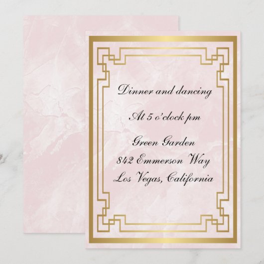 ゴールド幾何フレーム ピンク大理石 ウェディング レセプション 招待状 (正面/裏面)