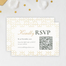 ゴールド幾何学アーチのQRコード付き結婚式RSVP