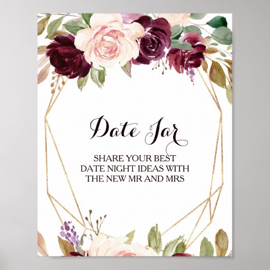 ゴールド幾何学グリーン バーガンディ フラワーデートジャーサイン ポスター (正面)