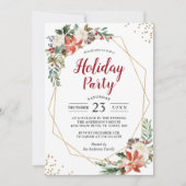 ゴールド幾何学模様のポインセチア花のホリデーパーティー 招待状 (正面)