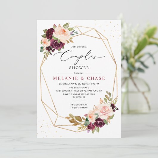 ゴールド幾何学模様 ワインレッドとバラ色の カップルシャワー 招待状 (スタンド正面)