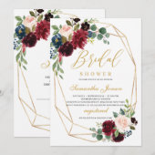 ゴールド幾何学的なバーガンディとブッシュピンクの花 招待状 (正面/裏面)