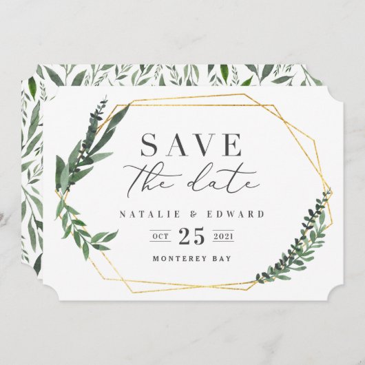 ゴールド幾何学的な水彩画のグリーン 招待状 (正面/裏面)