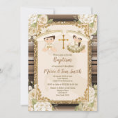 ゴールド洗礼フィエスタ花柄双子の男の子と女の子 招待状 (正面)