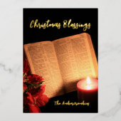 ゴールド箔のキャンドル ポインセチア 古い聖書 箔シーズンカード (正面)