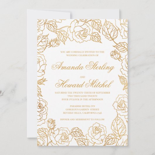 ゴールド箔のバラ モダン エレガントな結婚式 招待状 (正面)