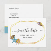 ゴールド箔のポリゴンと貝殻の結婚式のSave the Date 案内ポストカード (正面/裏面)