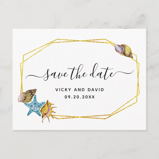 ゴールド箔のポリゴンと貝殻の結婚式のSave the Date 案内ポストカード (正面)