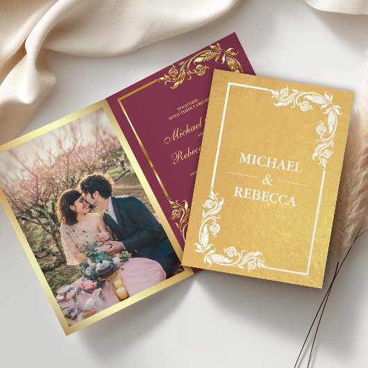 ゴールド箔の花モチーフ写真ピンクの結婚式招待状 箔カード