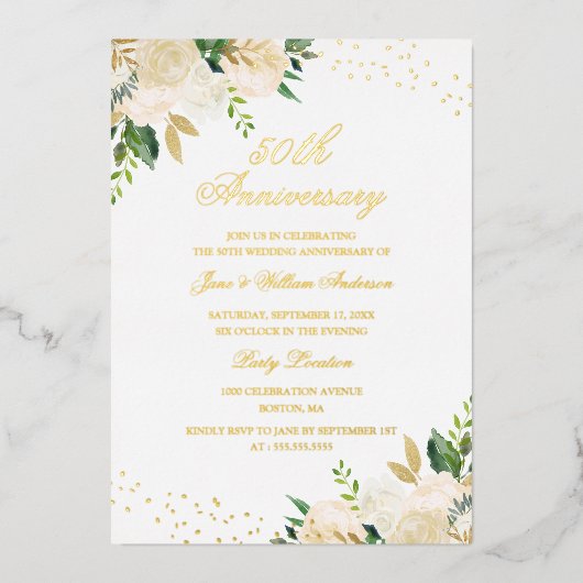 ゴールド箔の花柄 50周年記念 箔招待状 (正面)