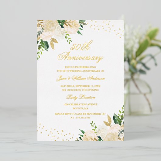 ゴールド箔の花柄 50周年記念 箔招待状 (立ち正面)