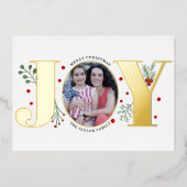 ゴールド箔の「JOY」と赤い実のクリスマス写真 箔シーズンカード (正面)
