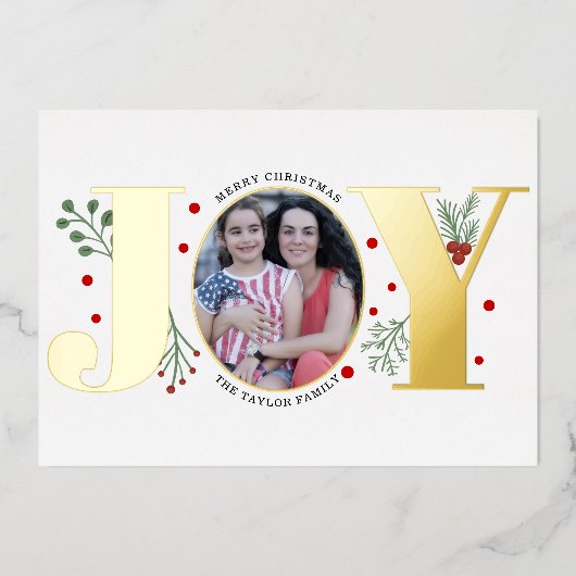 ゴールド箔の「JOY」と赤い実のクリスマス写真 箔シーズンカード (正面)