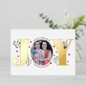 ゴールド箔の「JOY」と赤い実のクリスマス写真 箔シーズンカード (立ち正面)