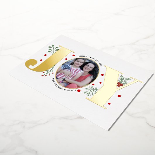 ゴールド箔の「JOY」と赤い実のクリスマス写真 箔シーズンカード (回転した状態)