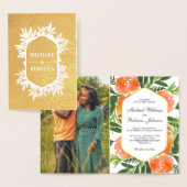 ゴールド箔オレンジ水彩花イラストのウェディング招待状 箔カード (ディスプレー)